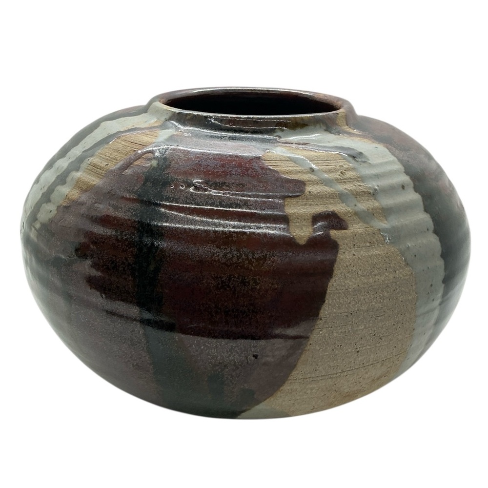 Vtg. Hand Thrown Marked Studio Pottery Vase Earth Tone Drip Glaze Organic Shaped